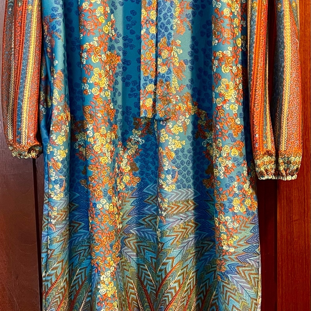 Vtg Tiffany Loungewear  Maxi Boho Zip Front Polyester House Dress w/Pocket